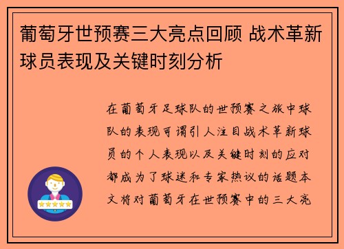 葡萄牙世预赛三大亮点回顾 战术革新球员表现及关键时刻分析